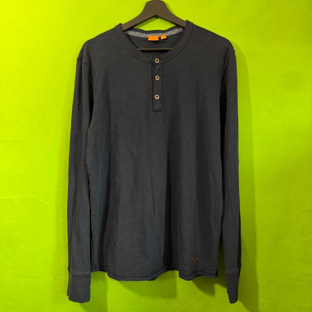 Hugo Boss Orange Men Navy Blue Long Sleeve Henley Shirt Slub Cotton Medium
